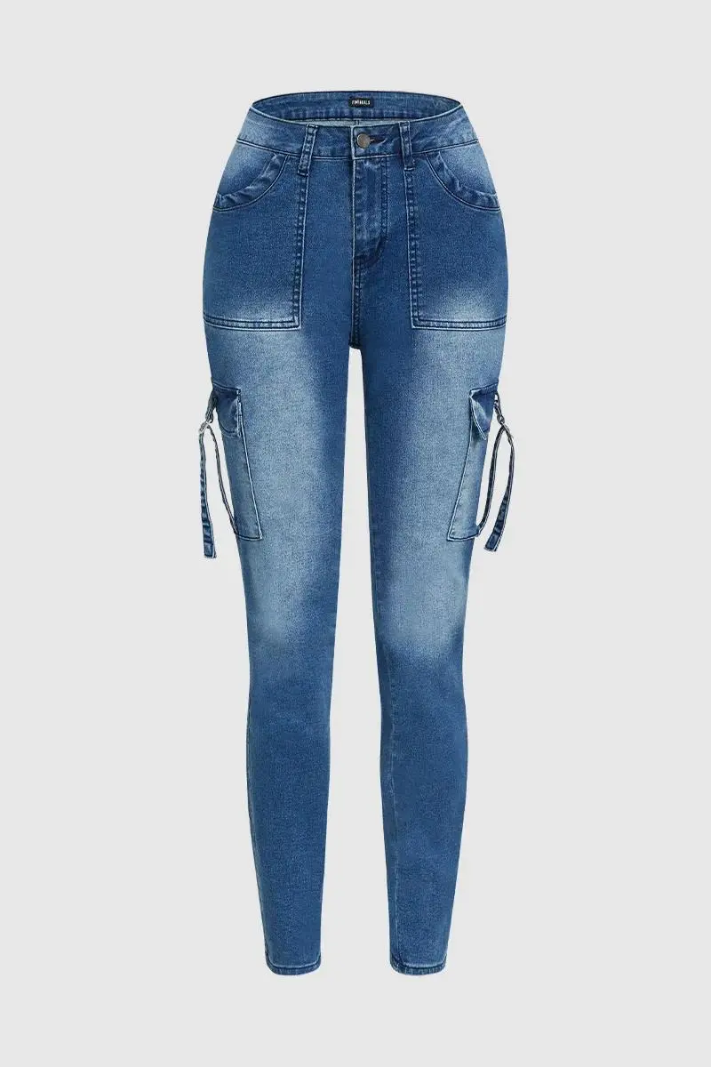 Buckle Strap Flap Pocket Side High Waist Skinny Cargo Jeans