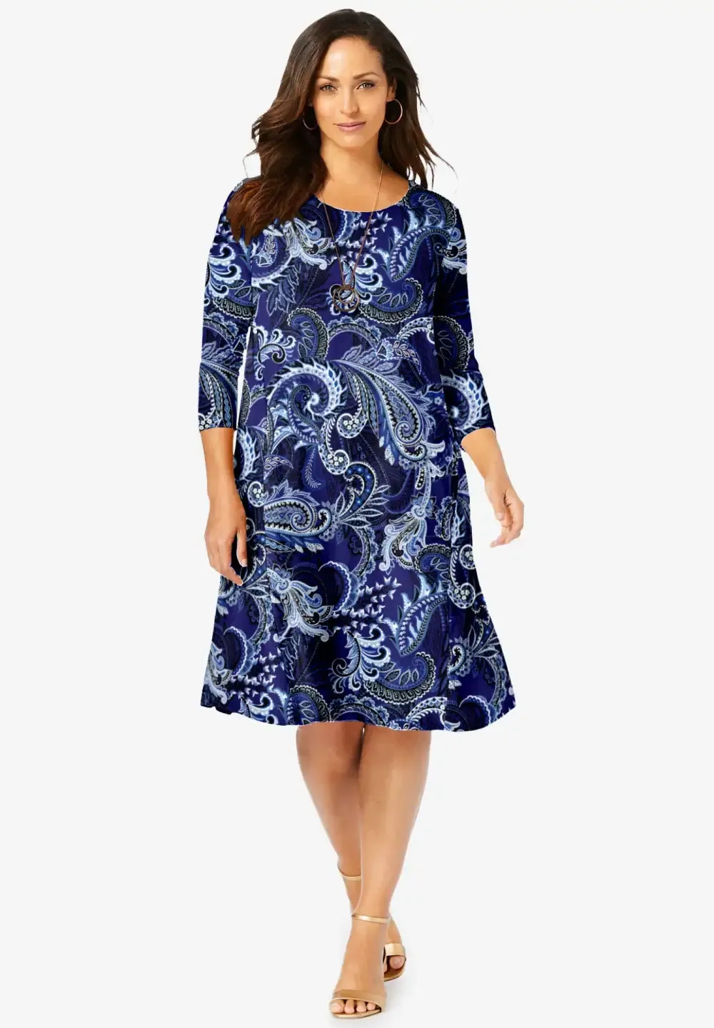Stretch Knit Three-Quarter Sleeve T-shirt Dress