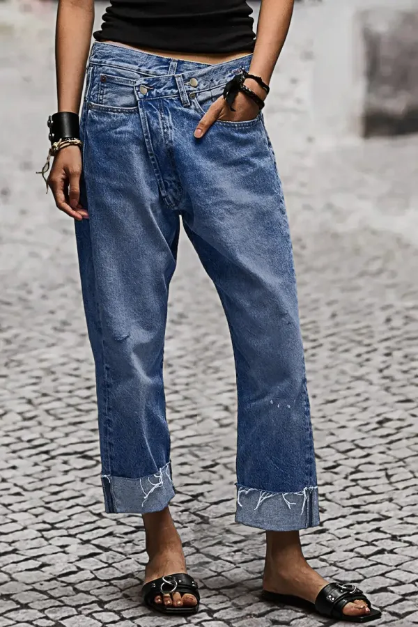 Wash Ripped Raw Roll Hem Wrap High Rise Straight Leg Jeans