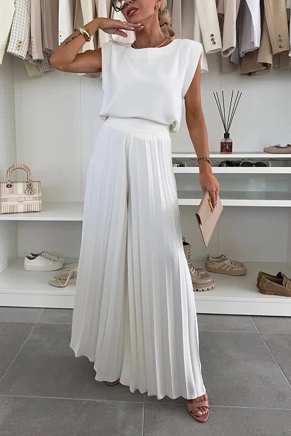 Women'S Stylish Casual Comfortable Top And Pleated Wide Pants Two-Piece Set