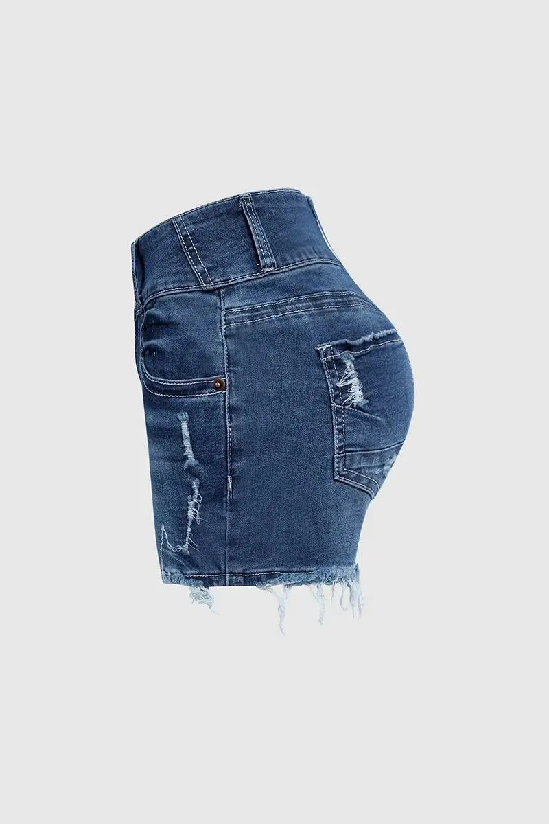 Ripped Raw Hem Button Up Mid Rise Denim Shorts