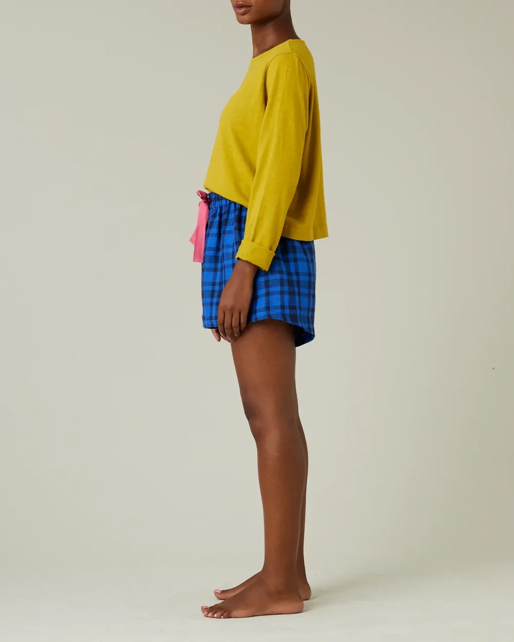 BED SHORTS INDIGO CHECK LINEN