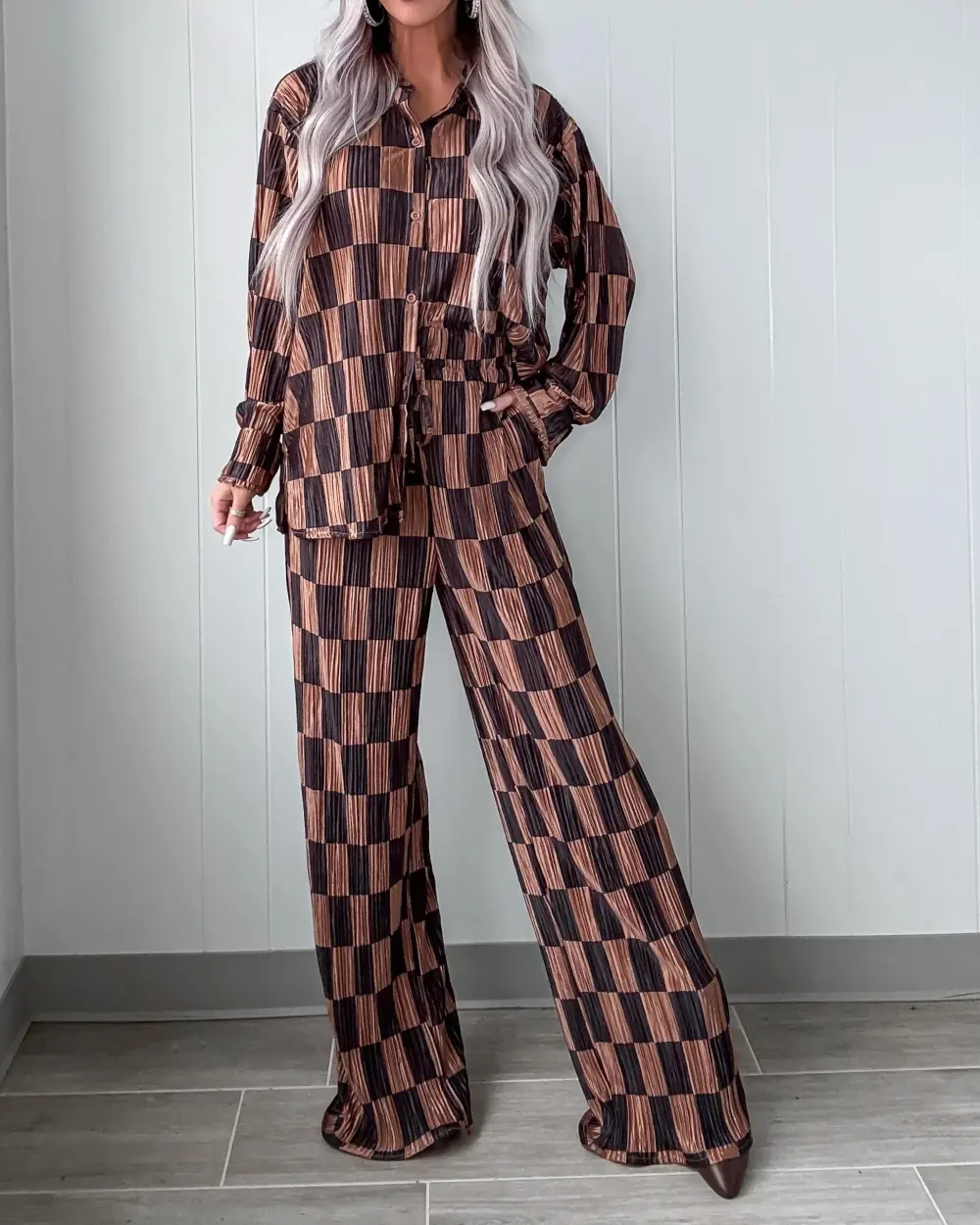 Pleated Checkered Pants Set - Taupe/Black