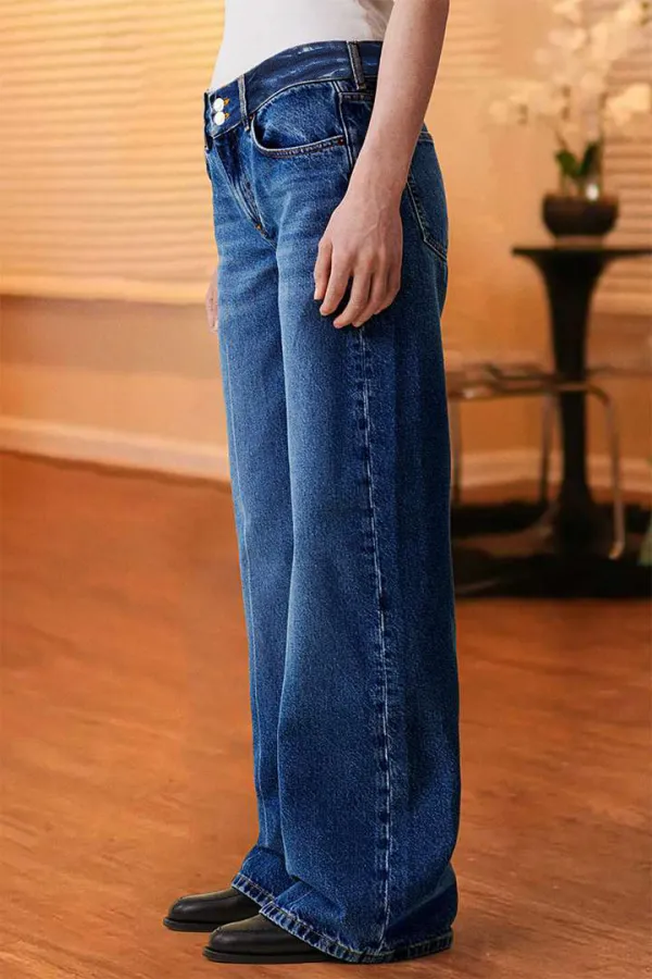 Double Button Wash Mid Waist Straight Leg Jeans