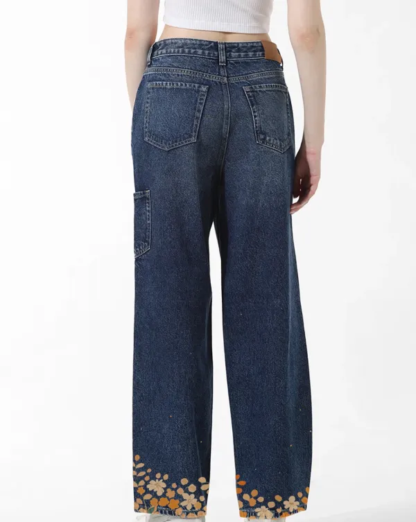 Dark Blue High Rise Carpenter Jeans with Orange Floral Hem