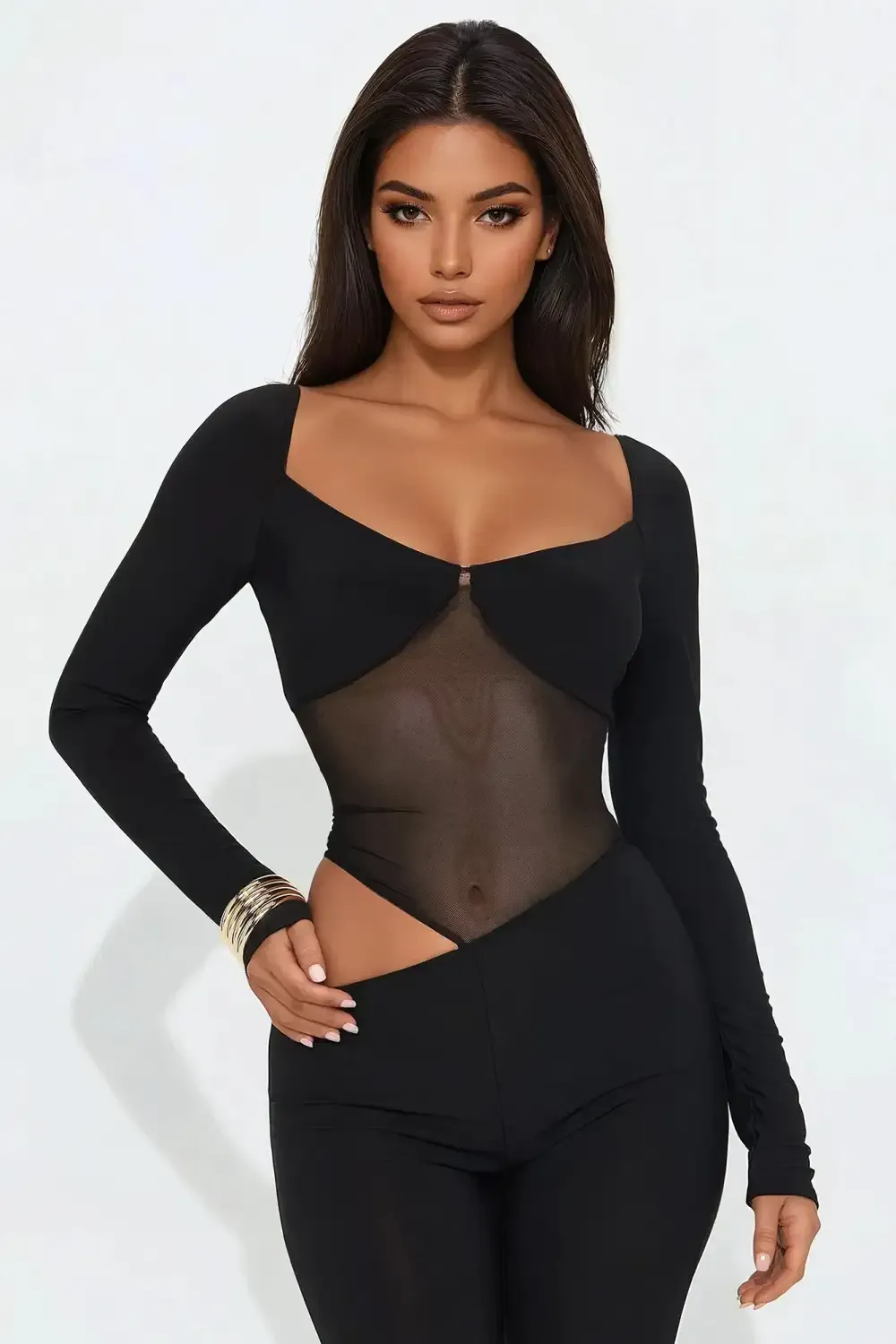 Striya Sheer Long Sleeve Cut Out Jumpsuit - Black