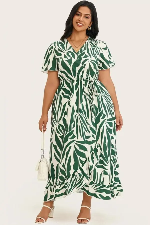 Floral Ruffle Knot Side Random Printed Maxi Dress