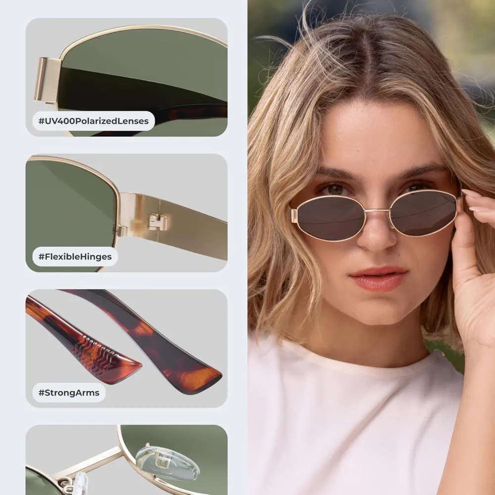 livho 2025 Trendy Oval Sunglasses - Stylish Polarized Shades for Everyday - Retro Metal Frames, Gold/Silver/Black