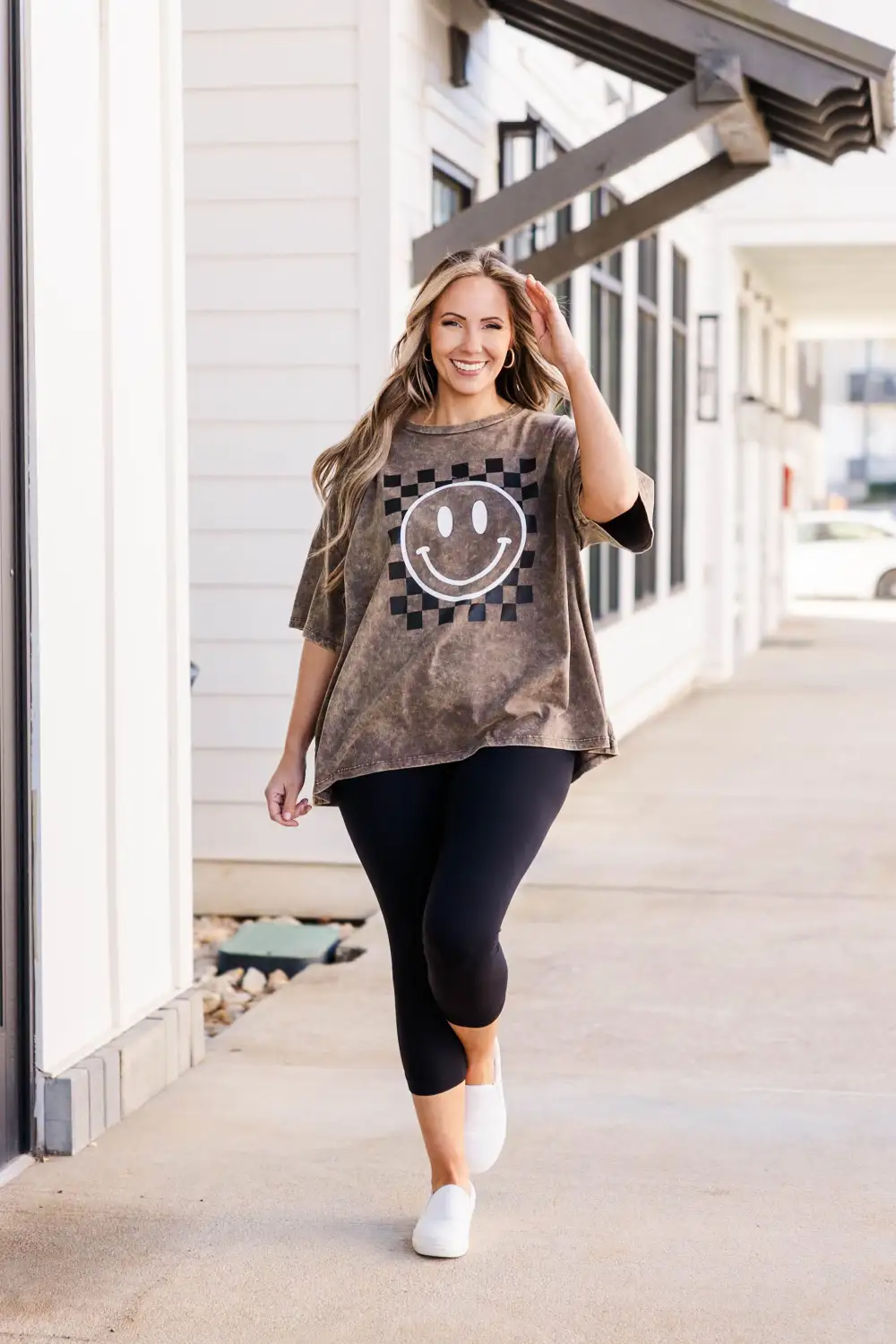 Only Smiles Acid Wash Boyfriend Tee, Rust Brown