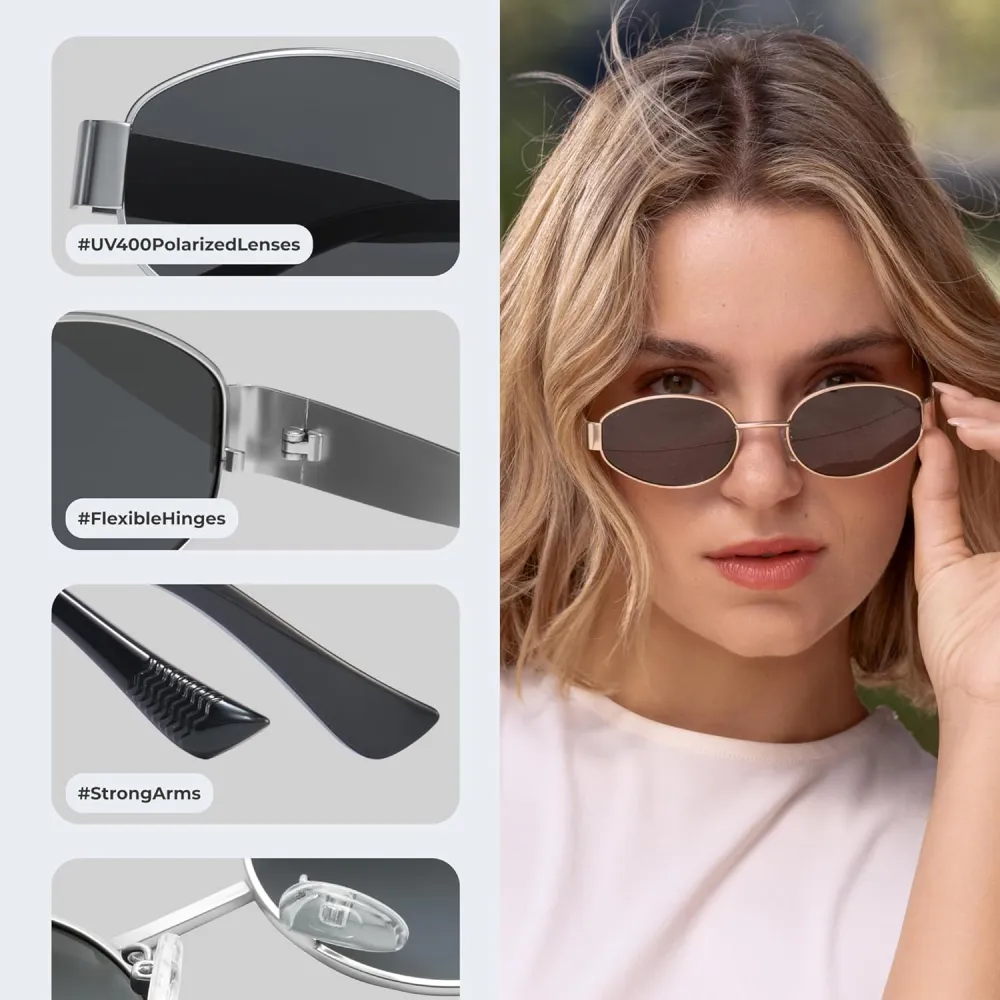 livho 2025 Trendy Oval Sunglasses - Stylish Polarized Shades for Everyday - Retro Metal Frames, Gold/Silver/Black