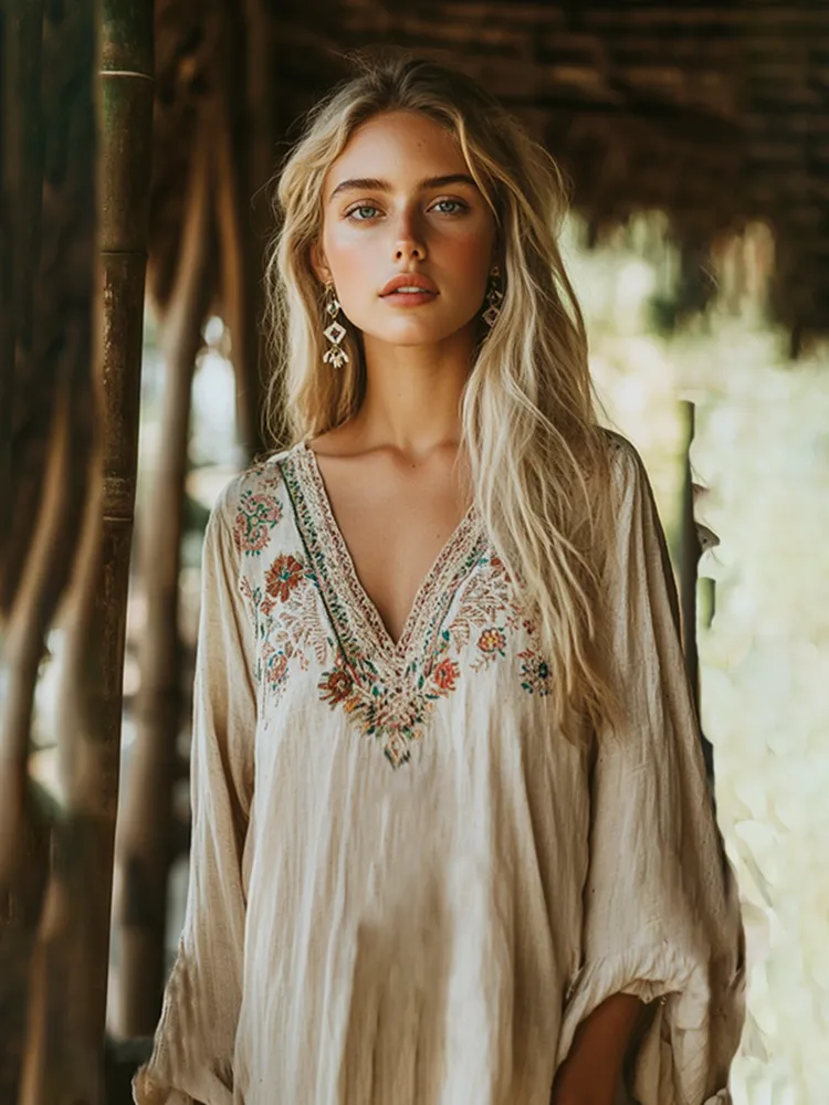 Boho Floral Tribal Embroidery Print Cotton And Linen Blend Loose Blouse