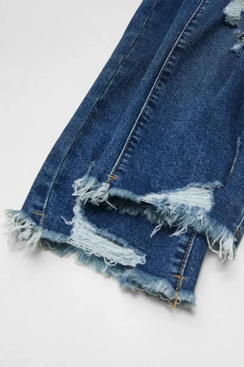 Button Up Ripped Raw Hem Mid Rise Capri Jeans