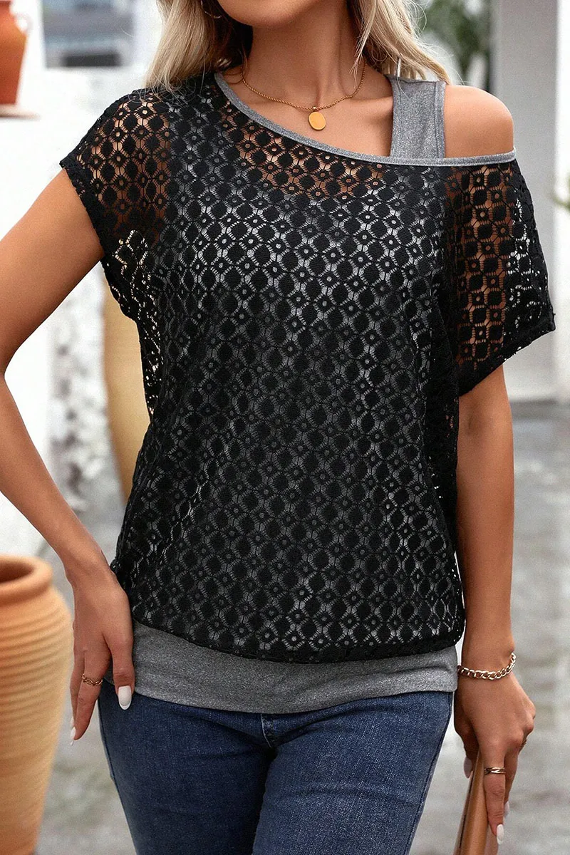 Contrast Lace Hollow Out Asymmetrical Neck 2 In 1 T-Shirt