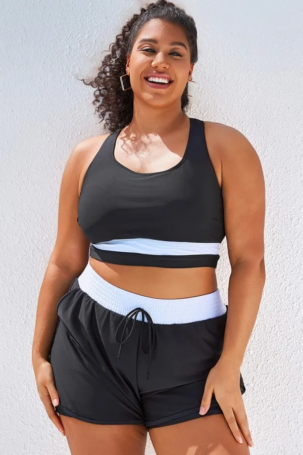 Round Neck Black & White Patchwork Bikini Top