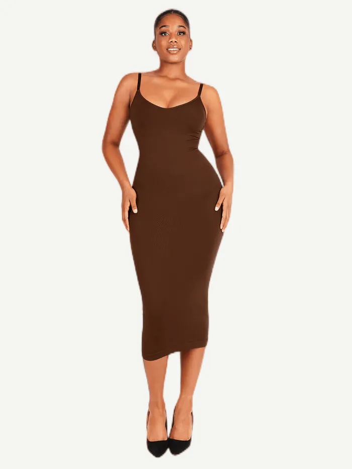 Seamless Spaghetti Strap V Neck Maxi Dress with Built-in Bodycon