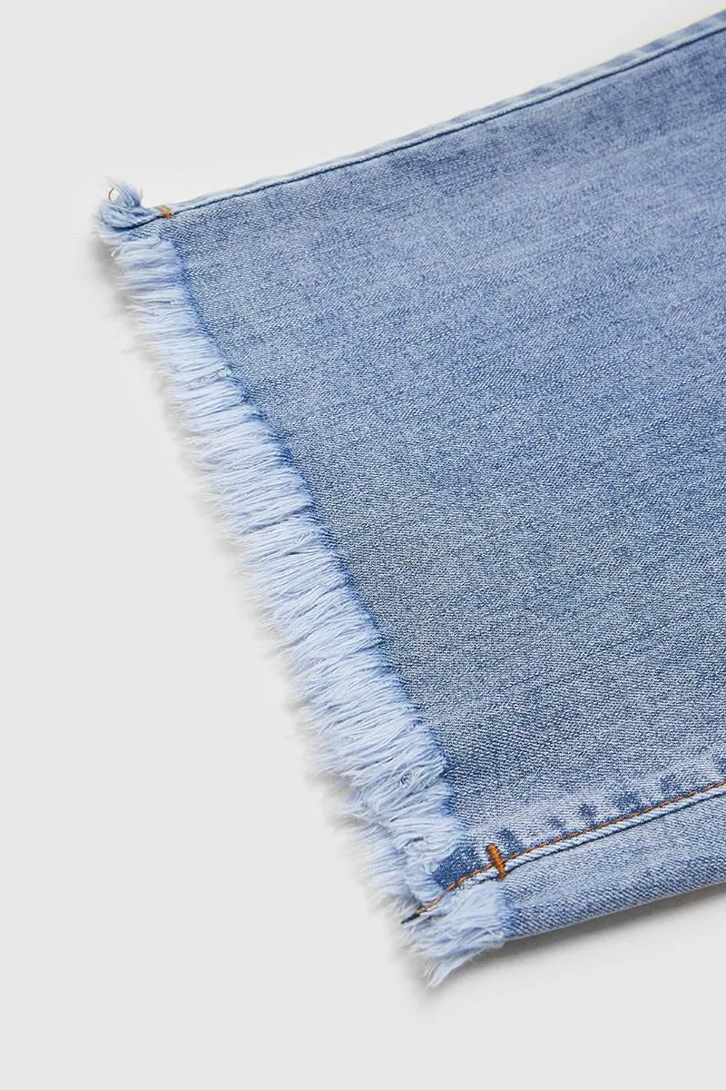 Wash Raw Hem Flap Pocket Mid Rise Straight Leg Denim Bermuda Shorts