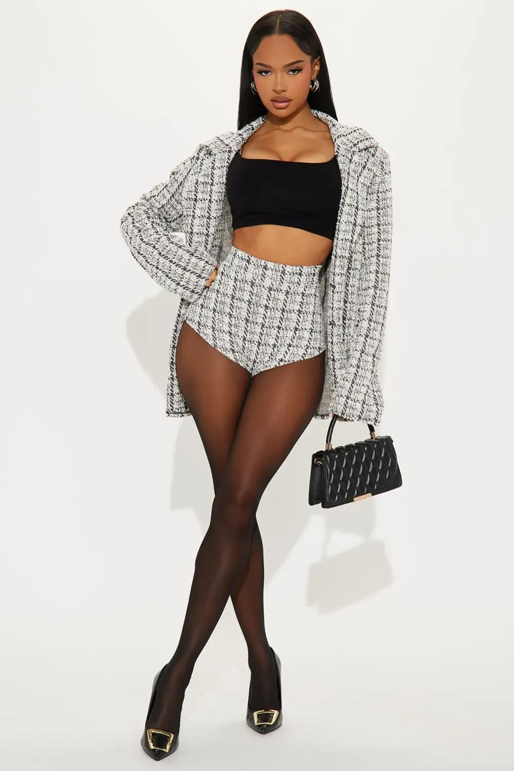 Signature Style Tweed Micro Short Set - White/combo