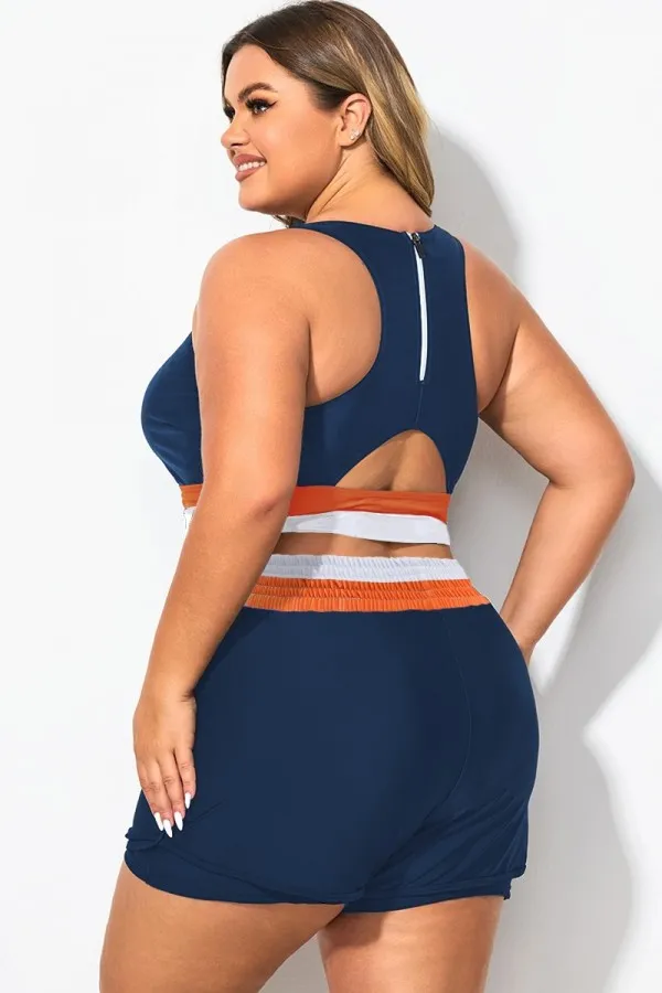 Plus Size Round Neck Blue Patchwork Bikini Top