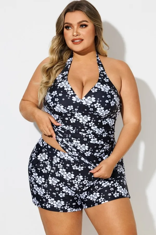 Floral Print Self-Tie Halter Shirred Tankini Top