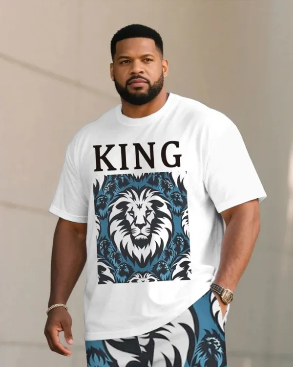 Big & Tall Men's Lion Print KING Printed T-Shirt and Shorts Suit