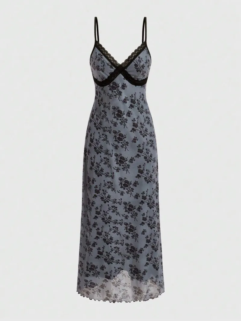 Fairycore Allover Floral Print Contrast Lace Cami Dress
