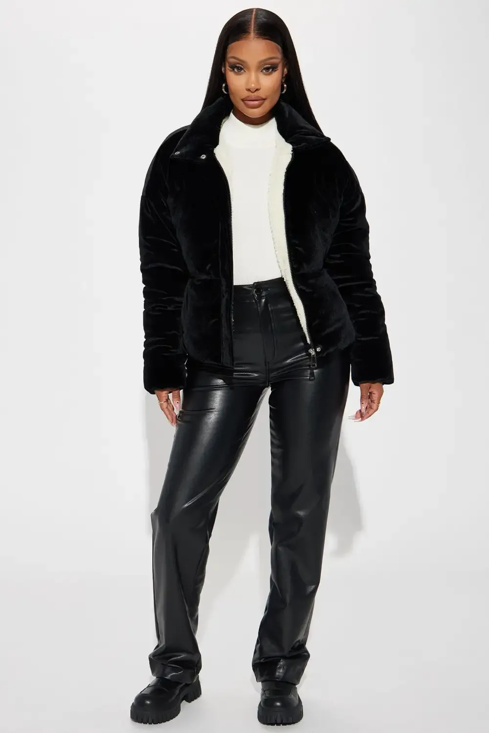 Cici Velvet Puffer Jacket - Black