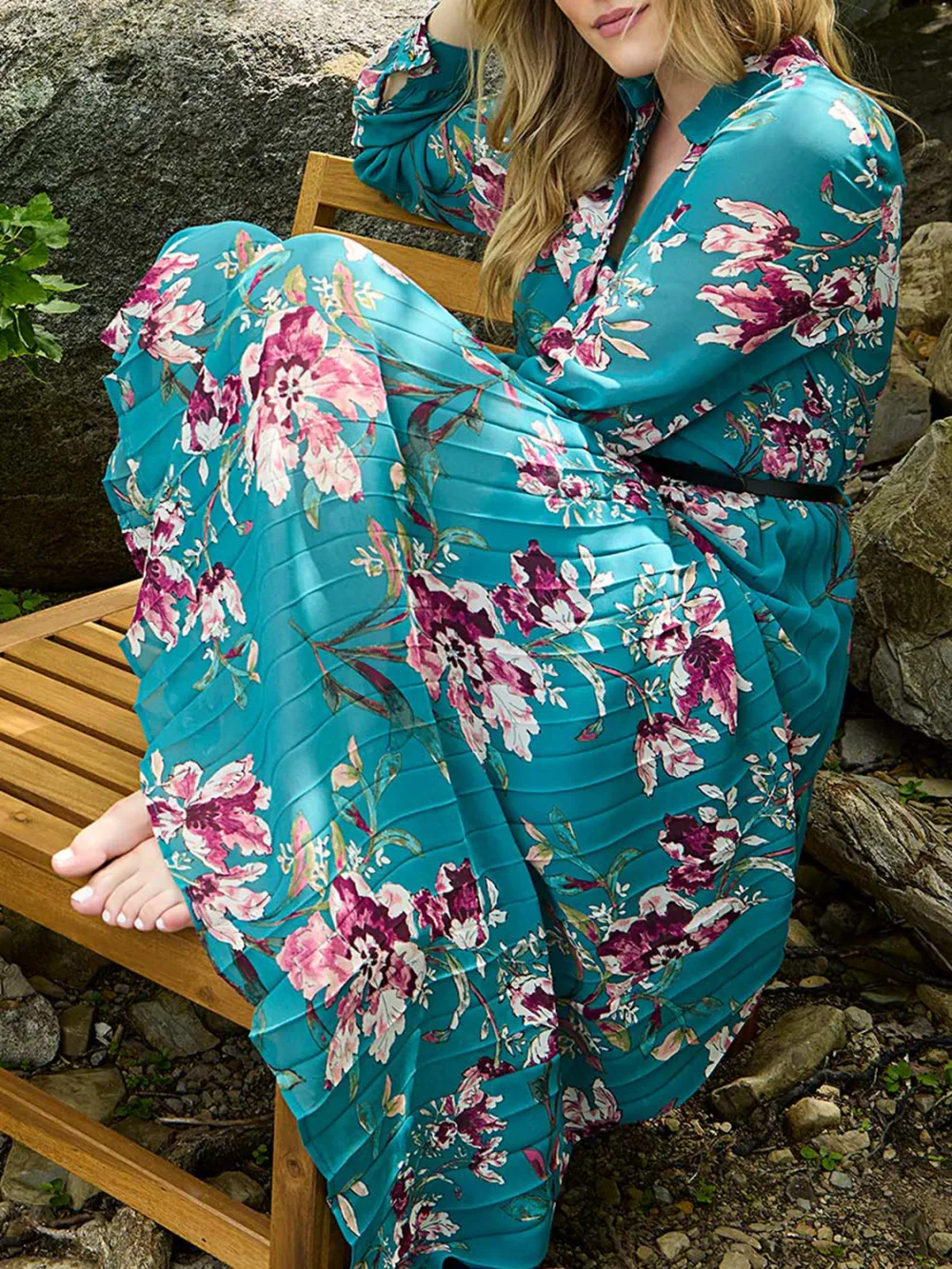 Floral Print Belted Chiffon Dress
