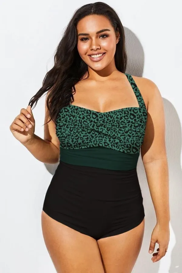 Leopard Green  Twist Front Skinny One Piece Swimsuit