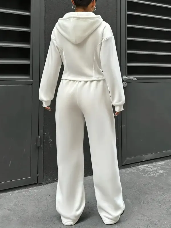 [All Seasons Polyester Hooded Tracksuit] Women'S Elegant Solid Color Polyester Hooded Tracksuit Set with Drawstring and Zipper Details – Knit Fabric Pantsuit for All Seasons