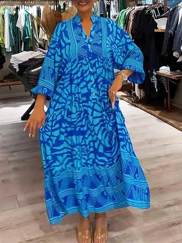 Women's Elegant Maxi Dress Plus Size V-neck Printed Loose Dress