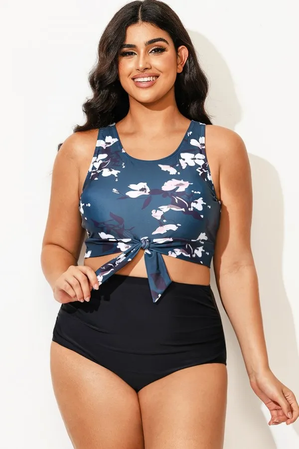 Green Floral Print Knotted Crop Bikini Top
