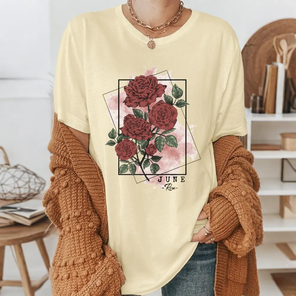 “June”, “Flor”, A Floral Pattern With Deep Red Roses And Green Leaves On A Light Pink Watercolor Background Framed By A Black Square, Casual T-Shirt