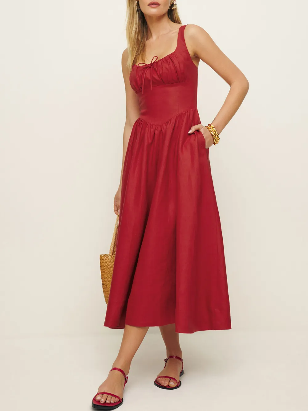 Square Neck Linen A Line Midi Dress