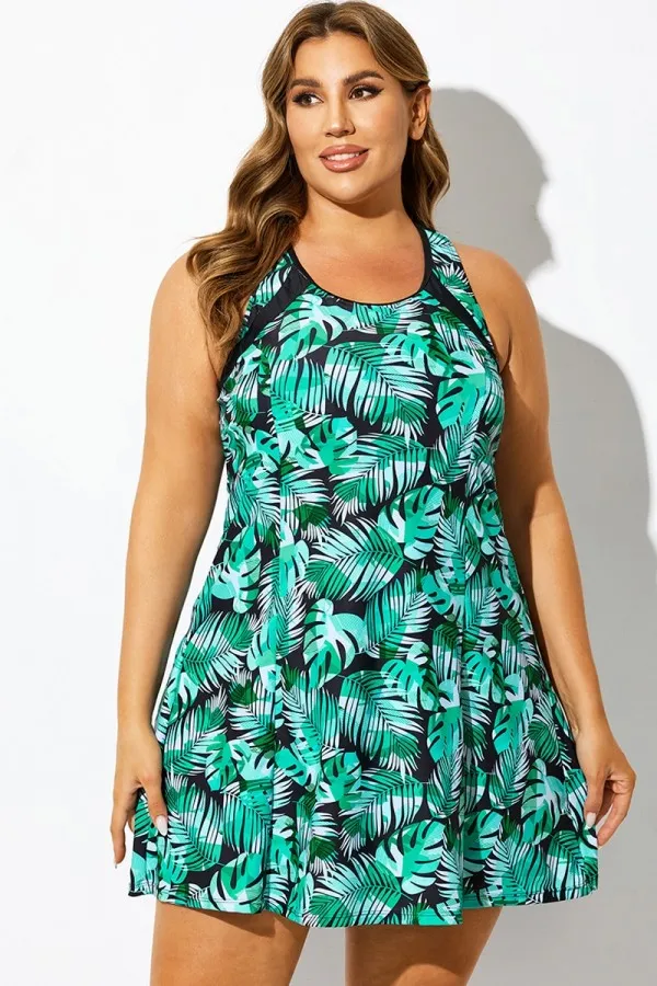 Green Palm High Neck Racerback Swimdress