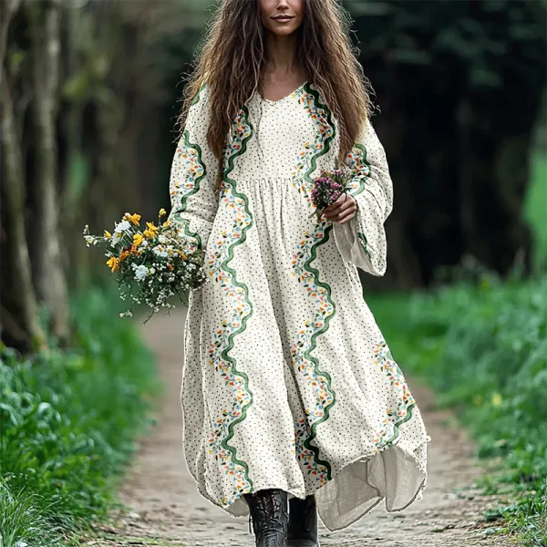 Vintage Boho Floral Flowy Linen Blend Maxi Dress