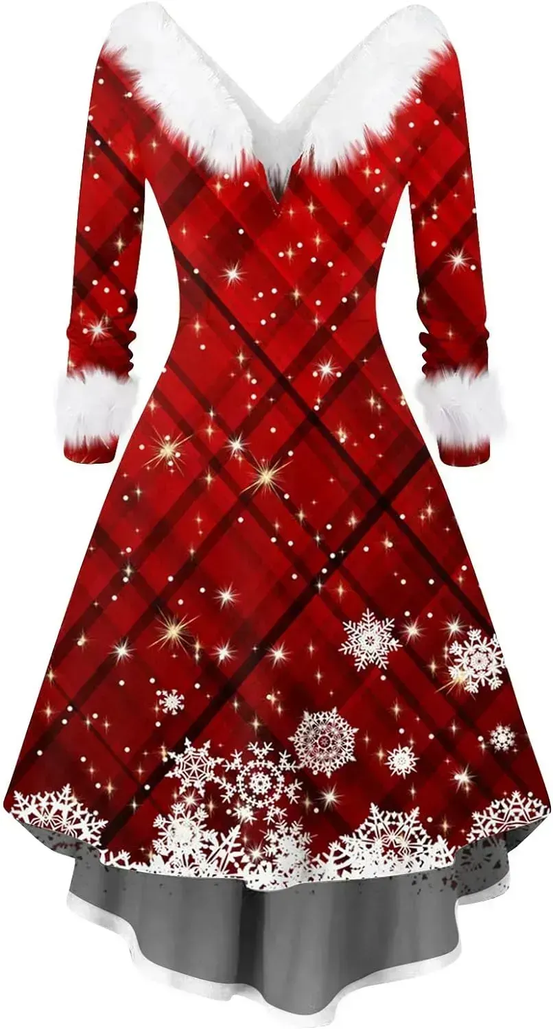 Womens Christmas Dress Fuzzy Mrs Claus Christmas Holiday Xmas Cocktail Holiday Party Flare Dress