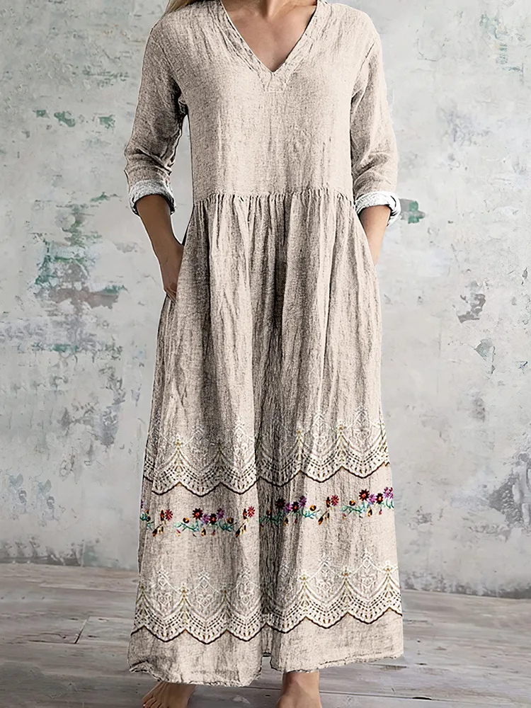 Women's Vintage Floral Embroidered Lace Art Linen Dress