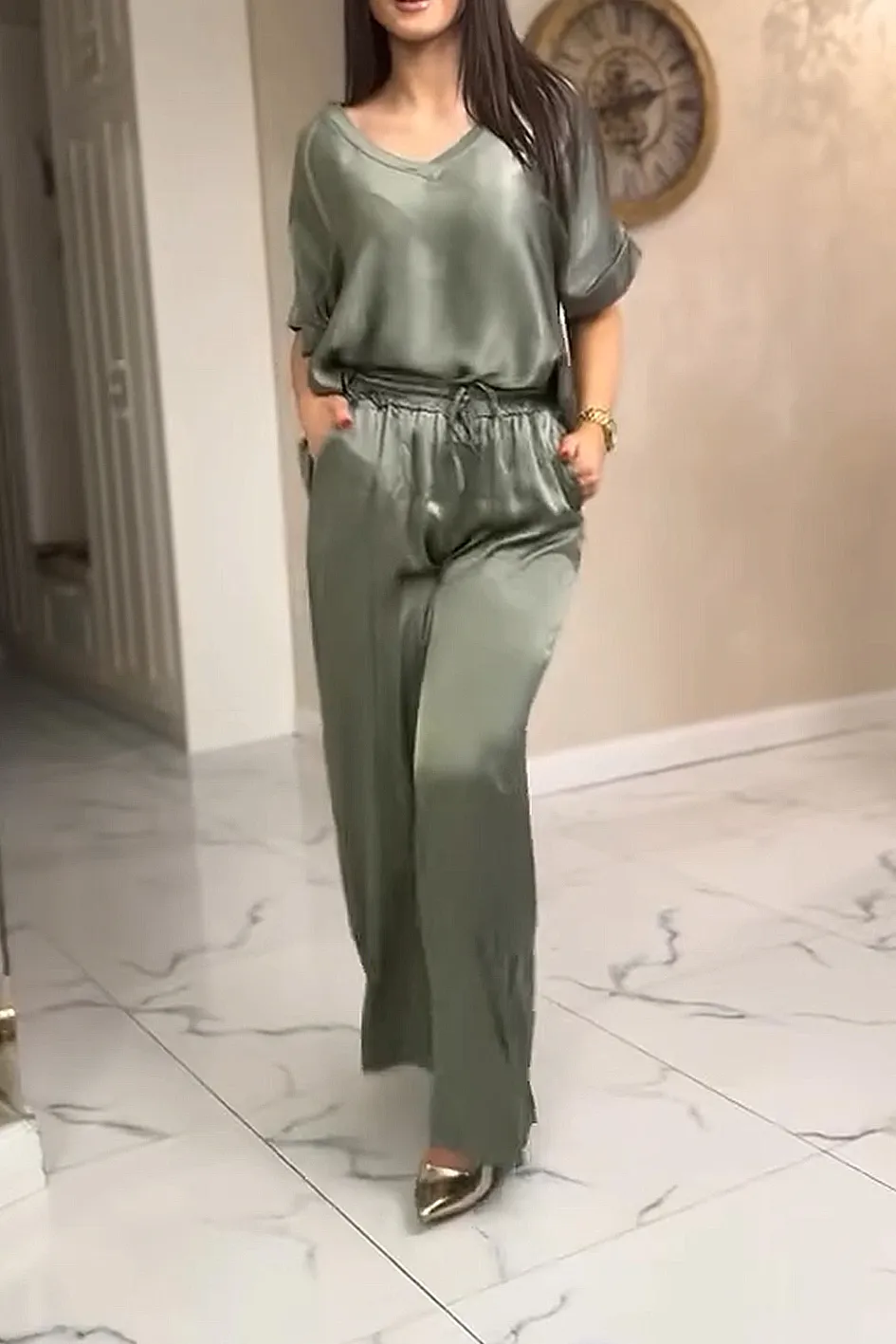 Women'S Contrast Color Stitching Smooth Top And Pants 2-Piece Set