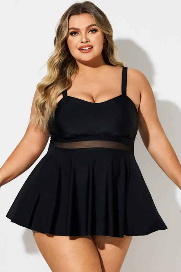 Plus Size Black Contrast Mesh Sweetheart Neck Swimdress