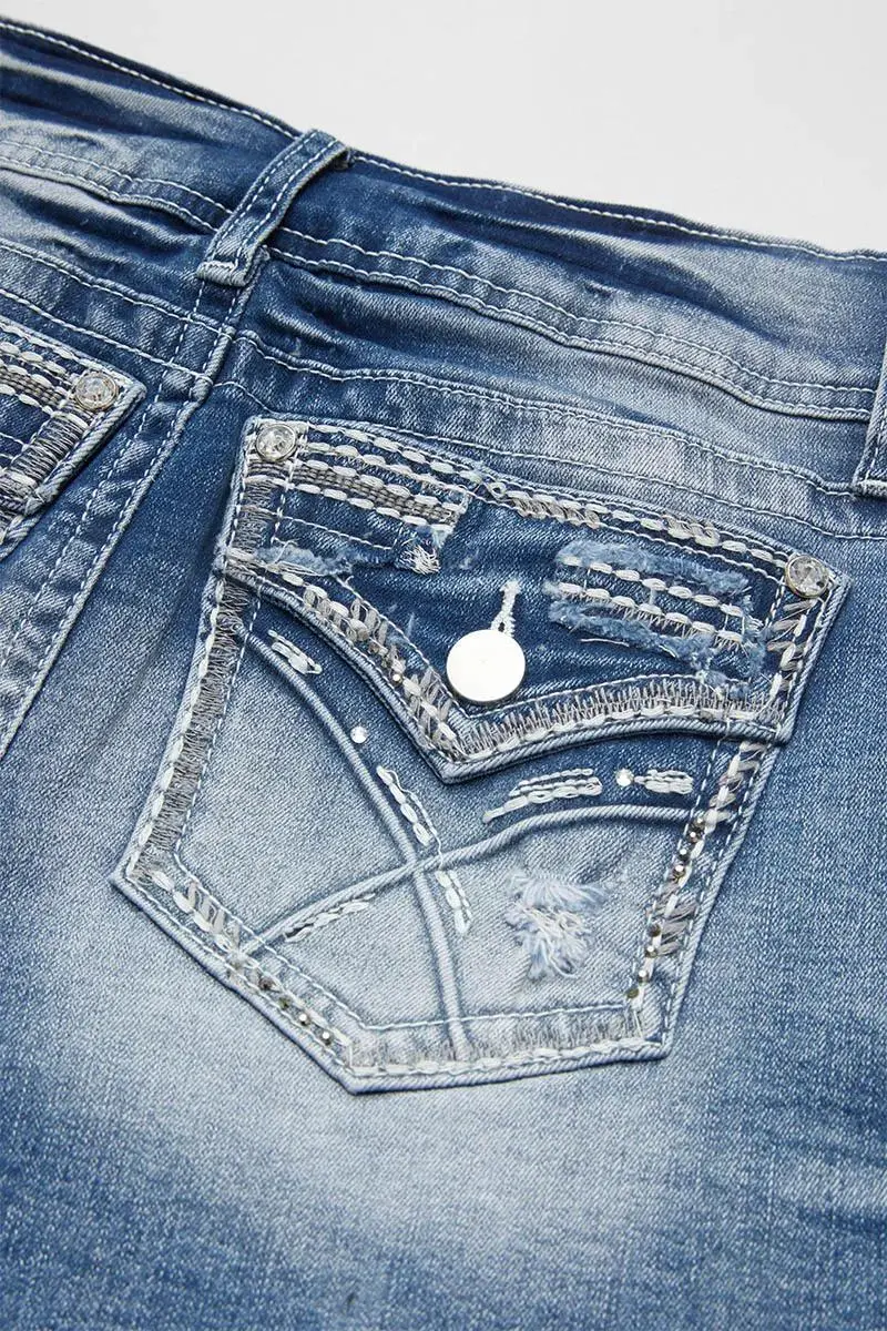 Ripped Raw Hem Rhinestone Detail Mid Waist Denim Shorts