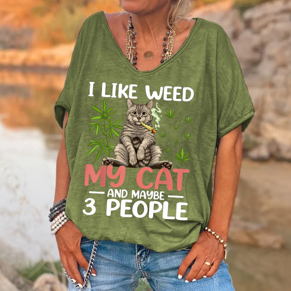 🔥🔥I Like Weed My Cat Print Women's V-neck T-shirt
