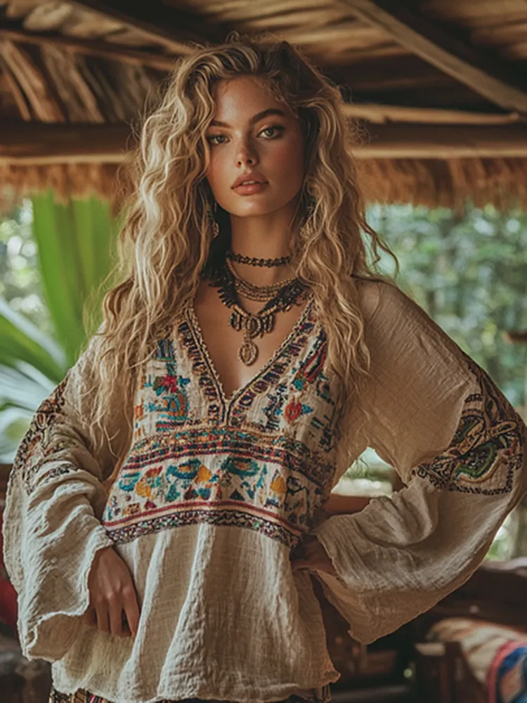 Retro Boho Tribal Embroidery Print Cotton And Linen Blend Loose Blouse