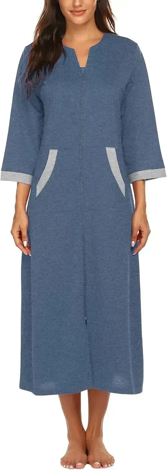 Women Zipper Robe 3/4 Sleeves Loungewear Dress Full Length Sleepwear Pockets Housecoat Nightgown Long Bathrobe