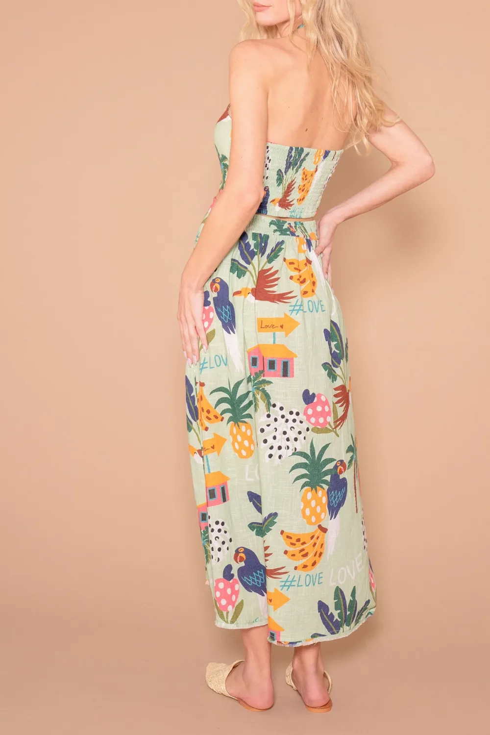 Green Tropical Print Belted Maxi Dress
