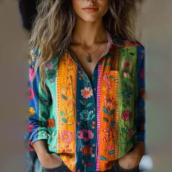 Vintage Striped Floral Print Women's Linen Shirt