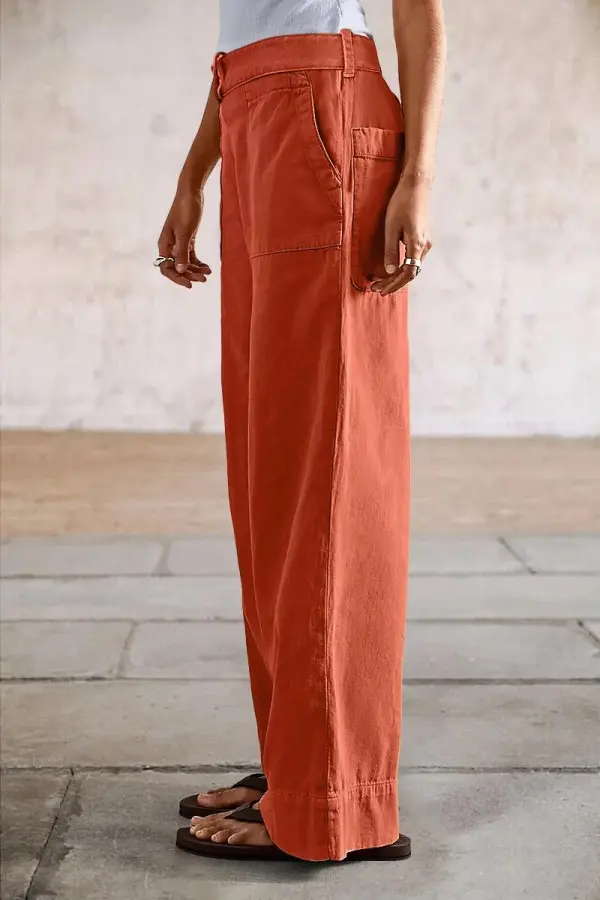 Solid Stitch Detail Mid Waist Straight Leg Pants