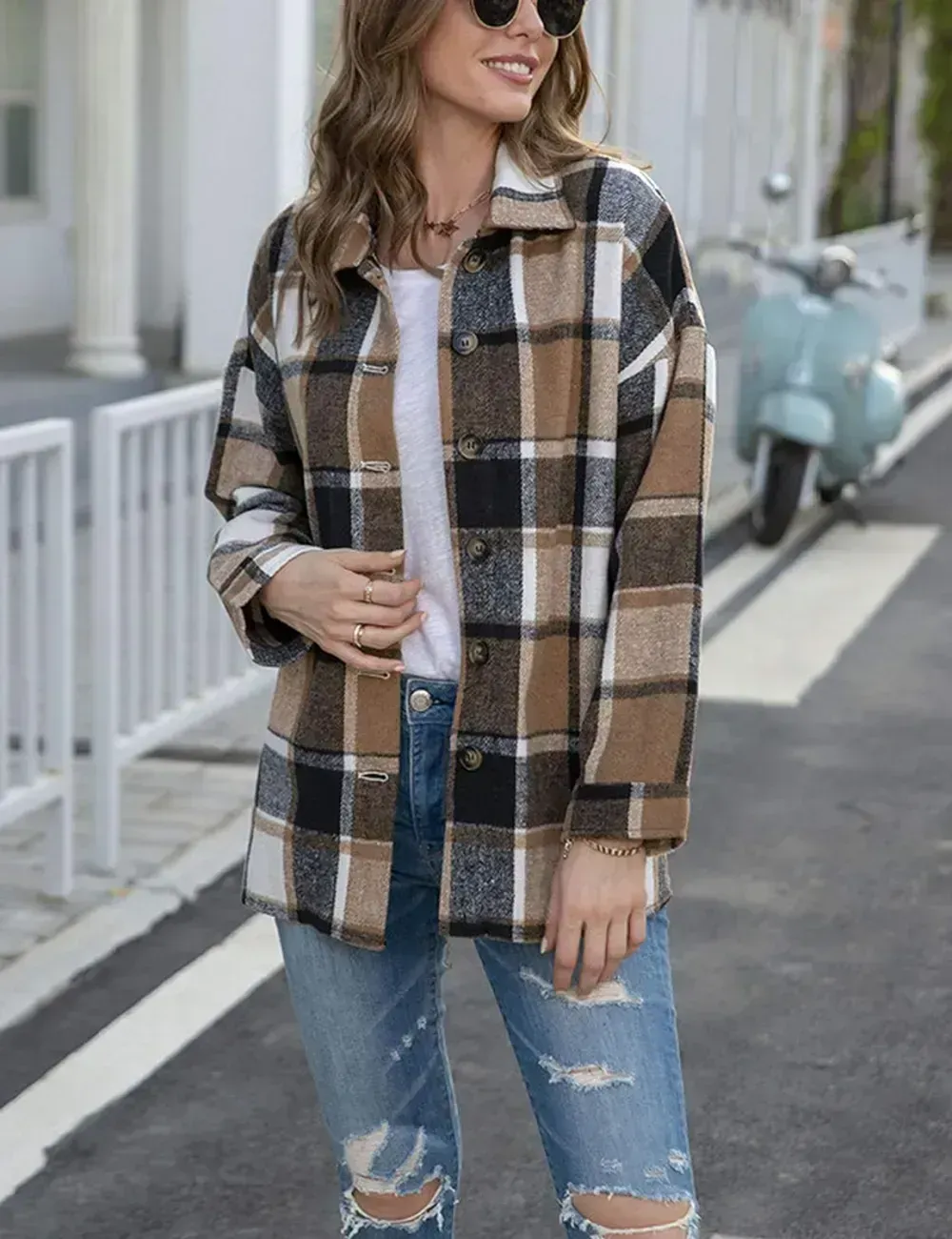 Womens Casual Plaid Shacket Button Down Long Sleeve Shirt