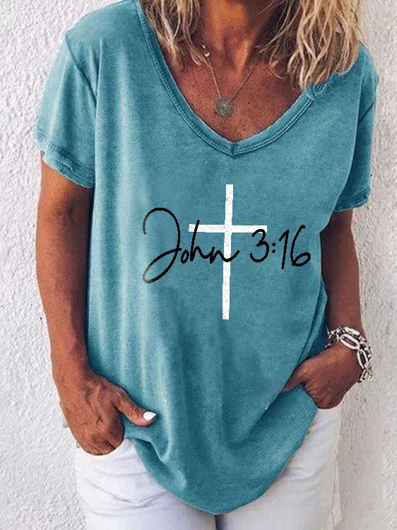 V-neck religious cross graphic tees designer