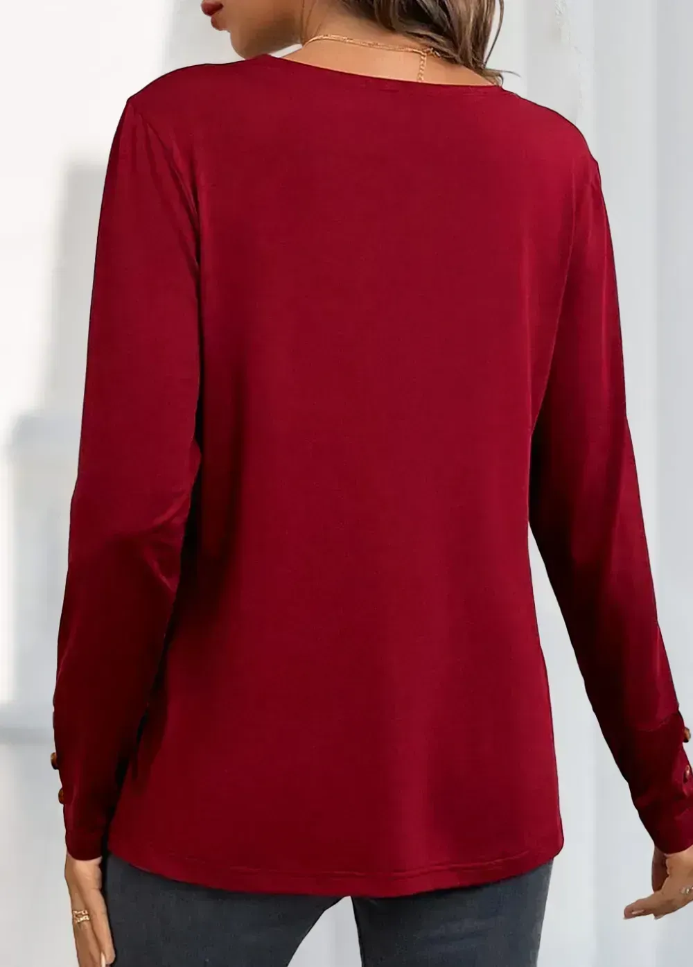 Wine Red Button Long Sleeve V Neck Blouse