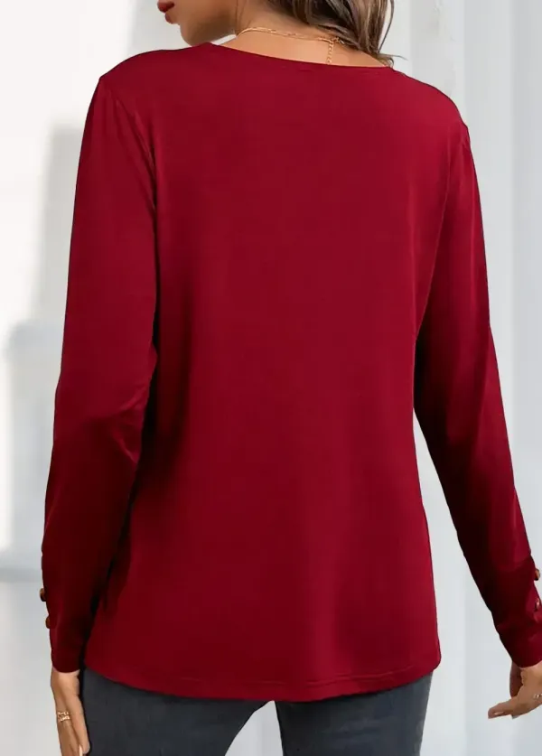 Wine Red Button Long Sleeve V Neck Blouse